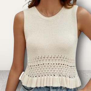 Crochet Crop Tank Tops Sleeveless Crew Neck Ruffle Summer Boho Knit Sweater Vest
